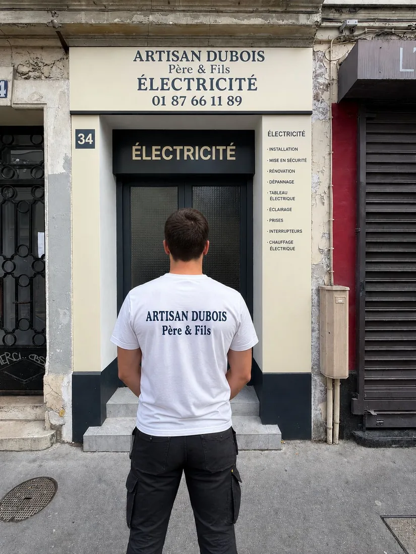 Artisan Dubois Père & Fils devant sa boutique d'électricité à Paris